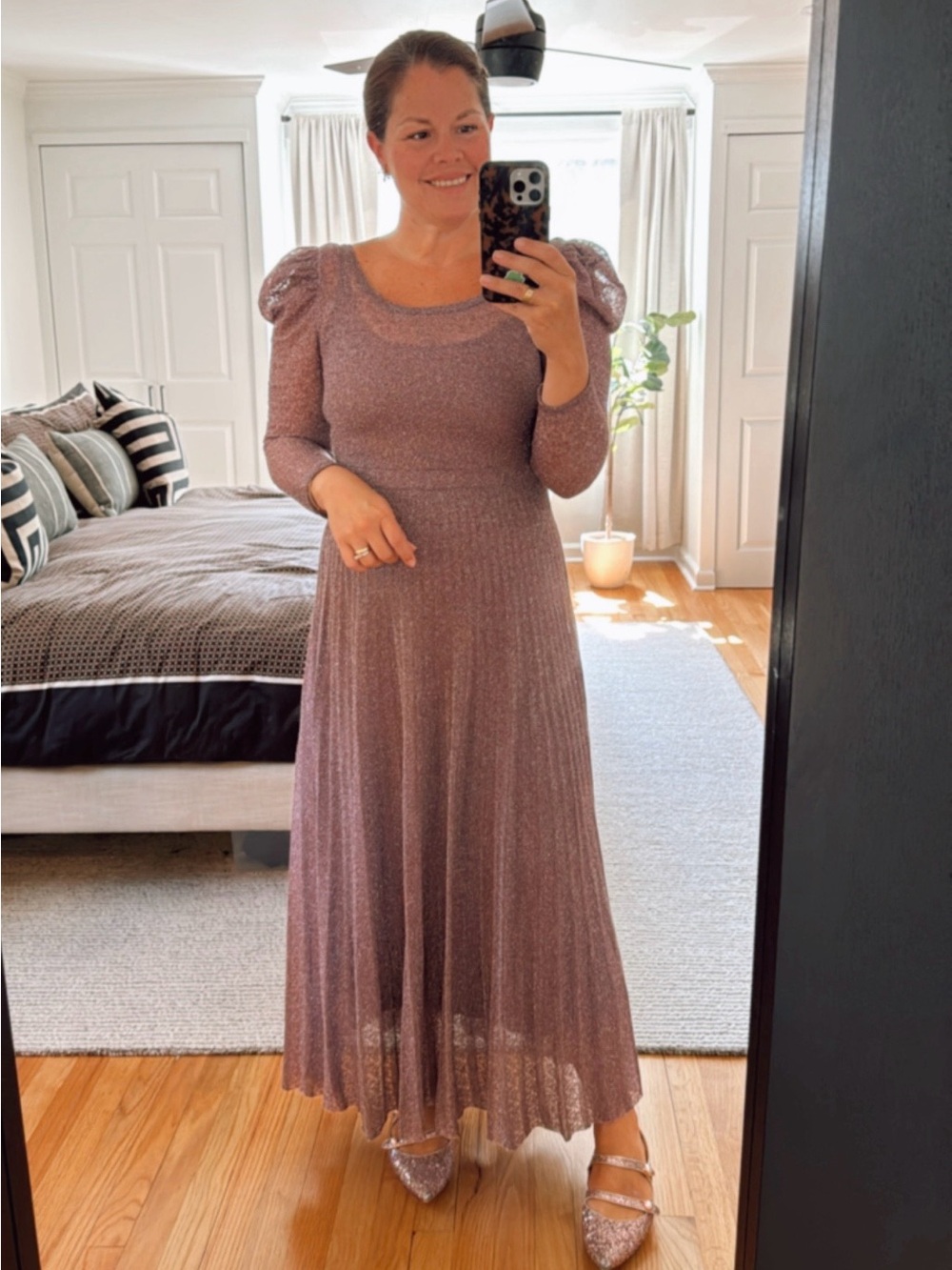 Zara Metallic Mauve Puff-Sleeve Maxi Dress
